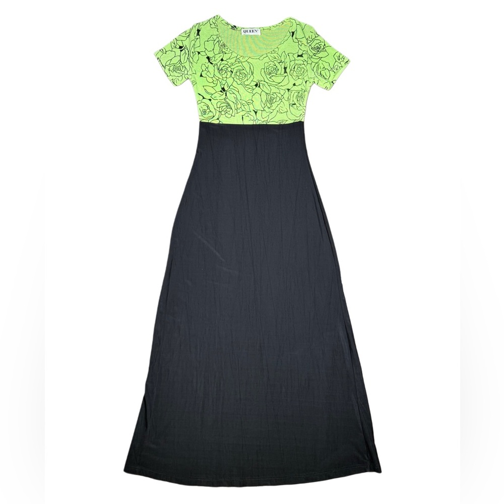 90s Vintage Black And Bright Green Short Sleeve Floral Maxi Dress